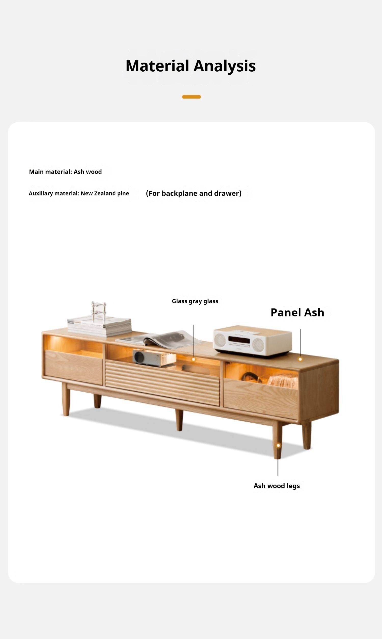 Ash Solid Wood Floor Modern Rock Board TV Cabinet.