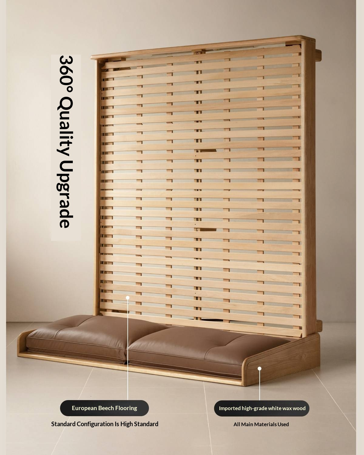Ash Solid Wood Upholstered Floating Platform Bed with LED Lights