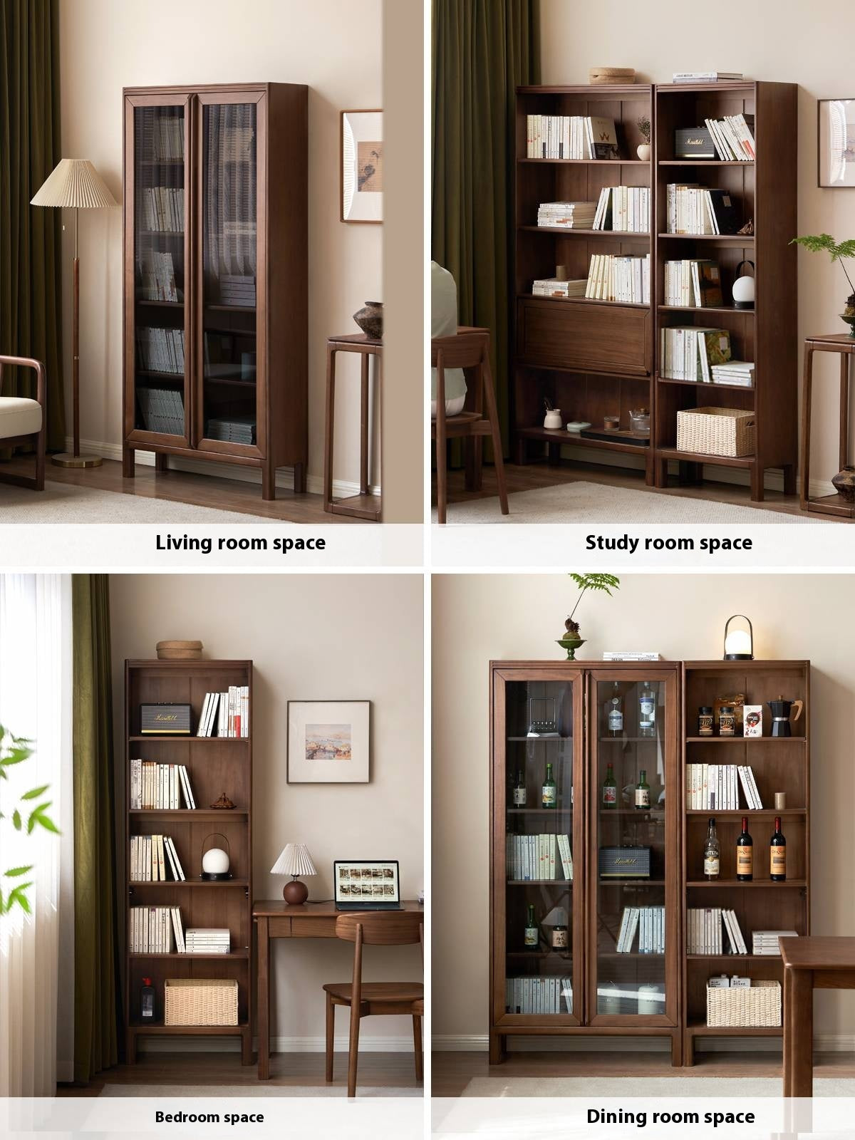 Black Walnut, Oak Solid Wood Nordic Bookcase with Glass Door