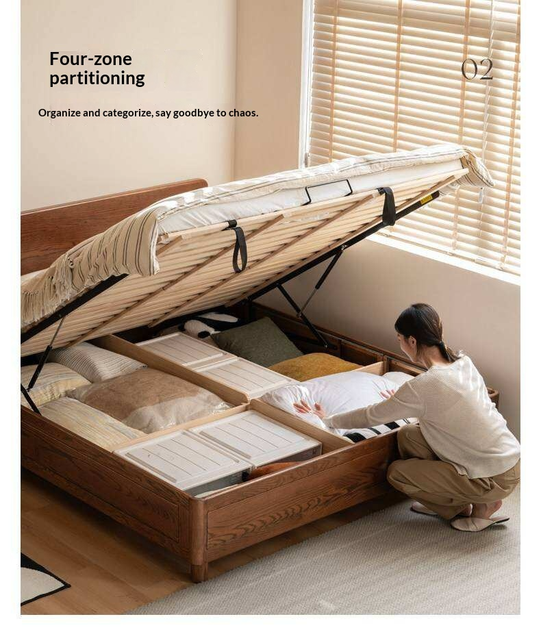Oak Solid Wood Storage Bed with Gas Lift and Flat Panel Headboard