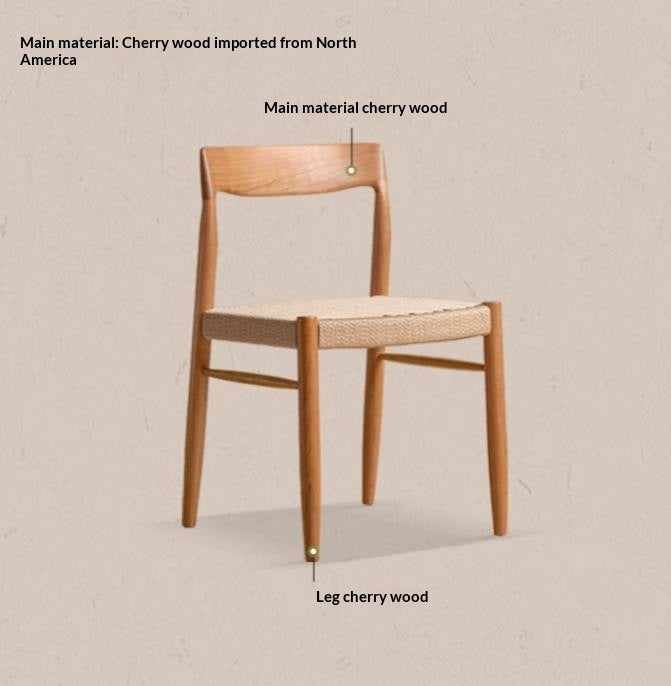 4 pcs -Cherry Solid Wood Dining Chair with Woven Cord Seat, Scandinavian Modern