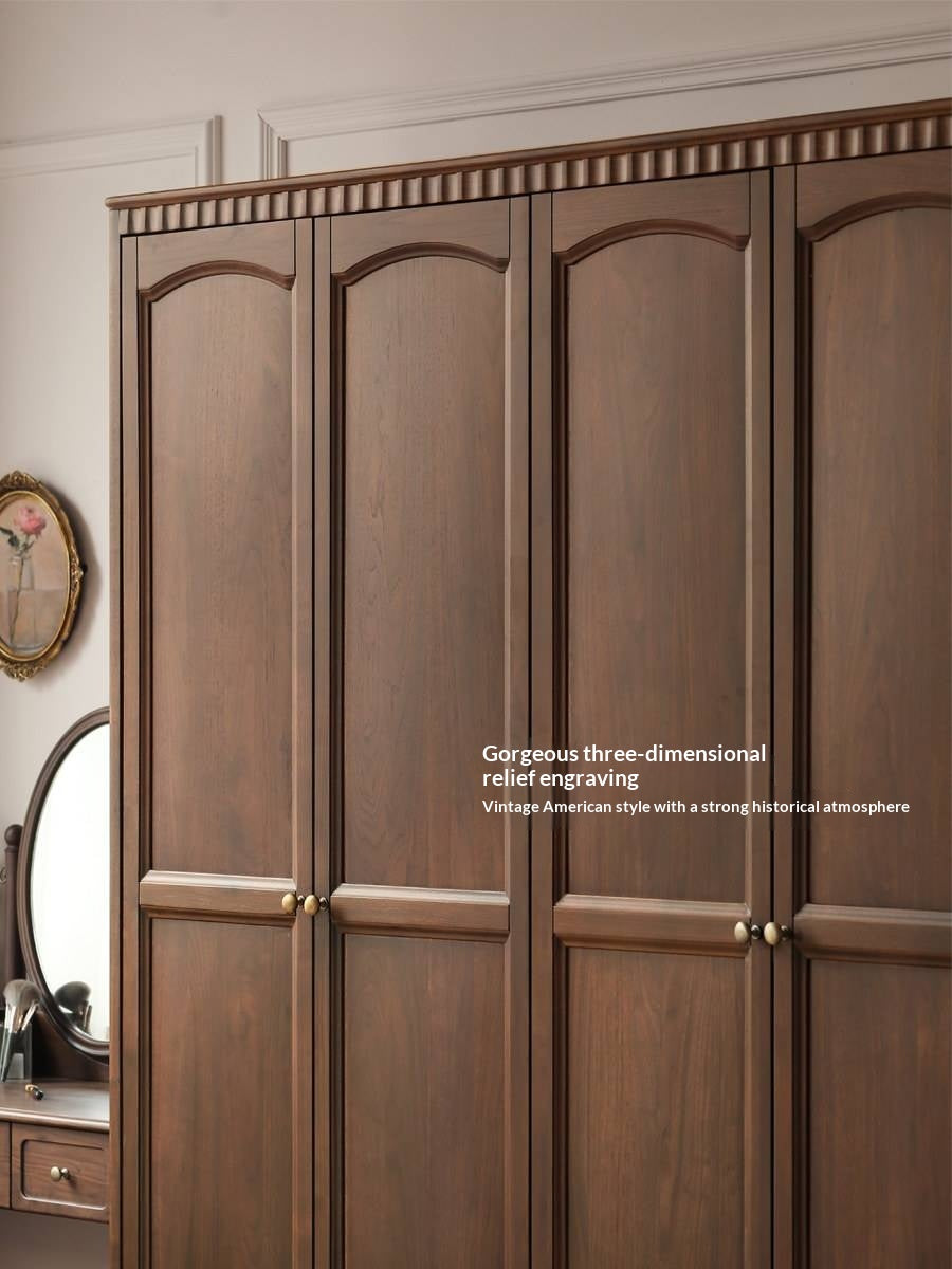 Black Walnut Solid Wood Wardrobe with American Retro Style and Light Luxury Finish