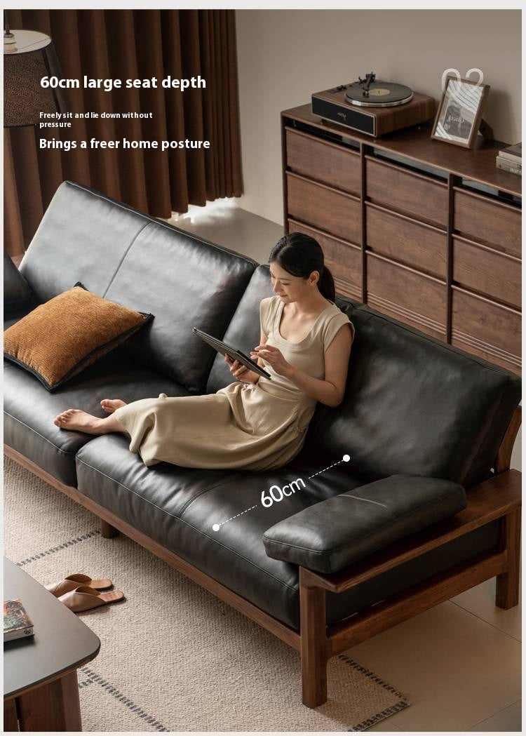 Black Walnut, Ash Solid Wood Wabi Sabi Style Genuine Leather Sofa, fabric sofa