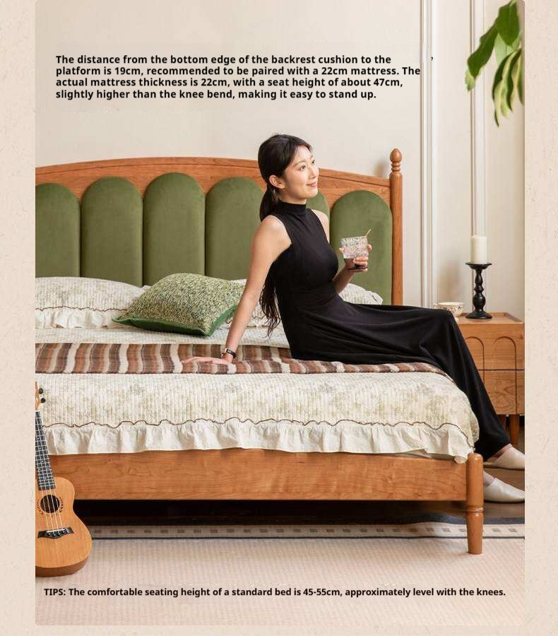 Cherry Solid Wood Genuine Leather, Velvet French-Inspired Scalloped Headboard Bed