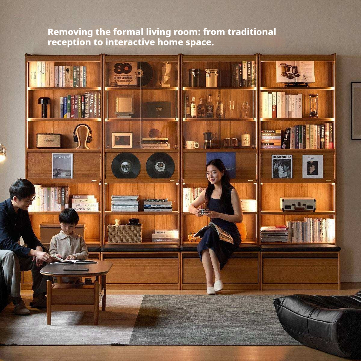 Cherry Solid Wood Bookcase with Wall Integration and Floor Storage Cabinet
