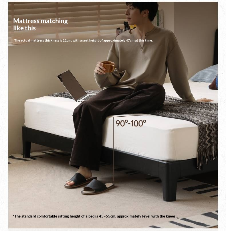 Rubberwood, Poplar Solid Wood Bed in Black — Modern Casual Edge Design