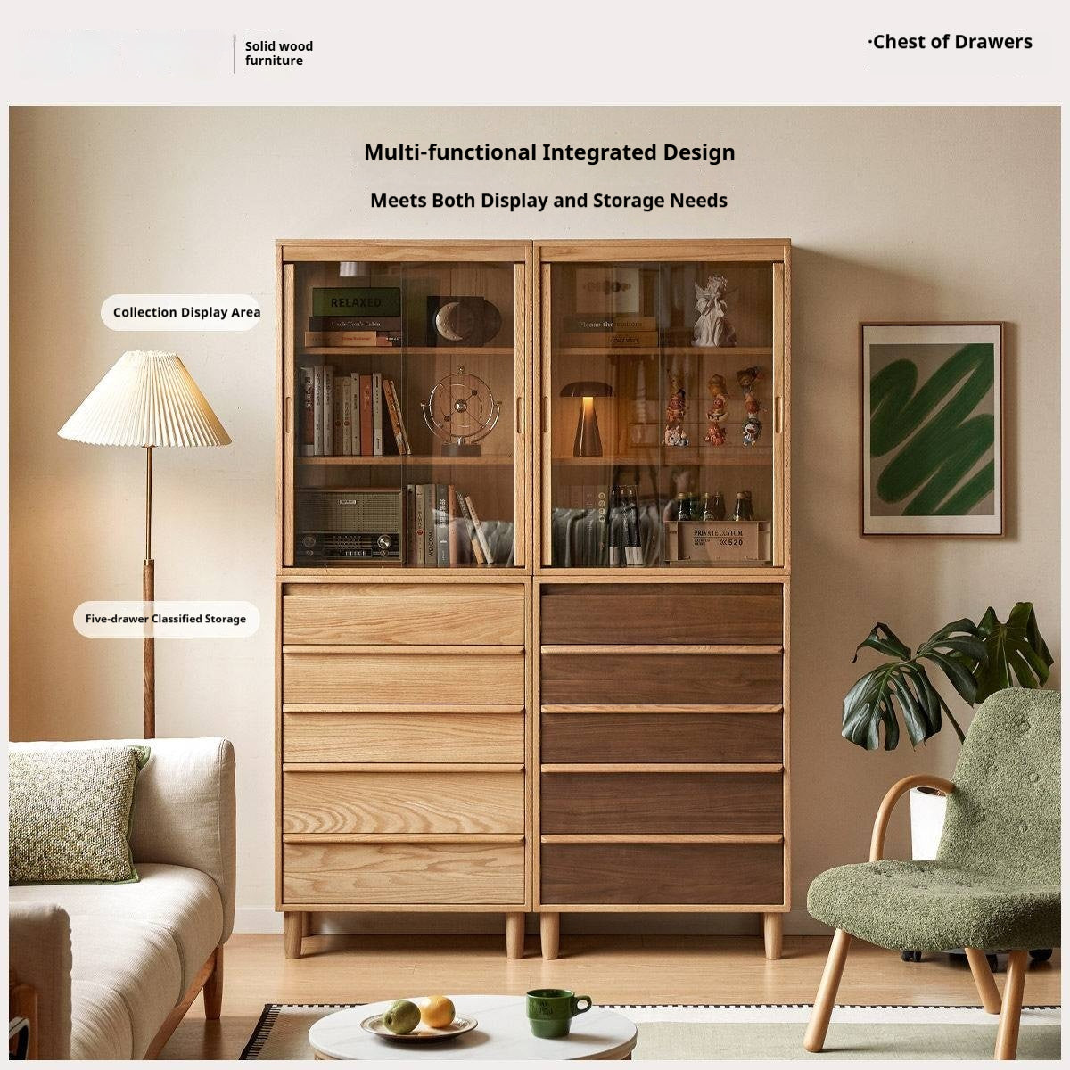 Black Walnut, Oak Solid Wood Glass Display Cabinet with Drawers