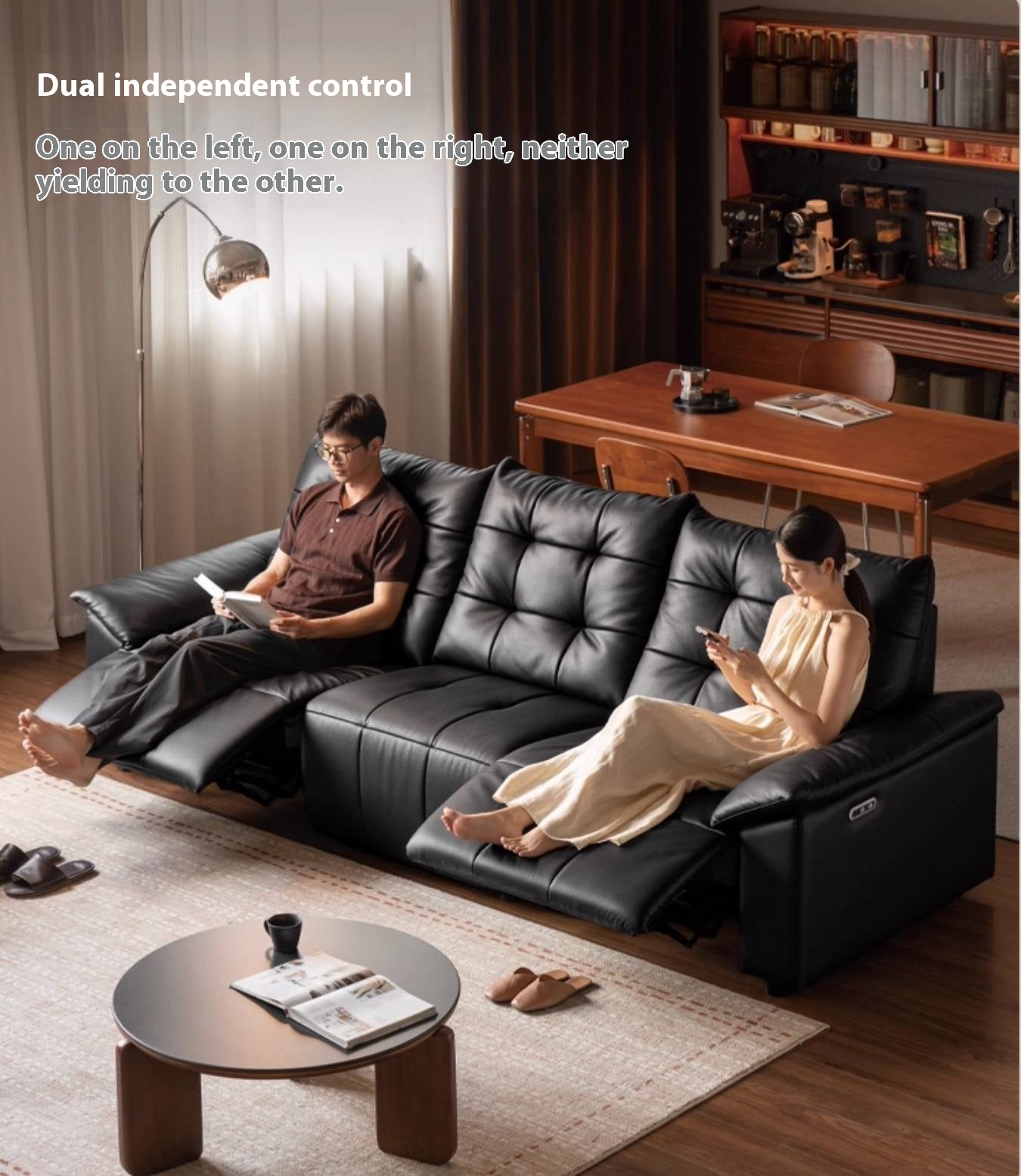 Pine Solid Wood Big Black Functional Leather Sofa