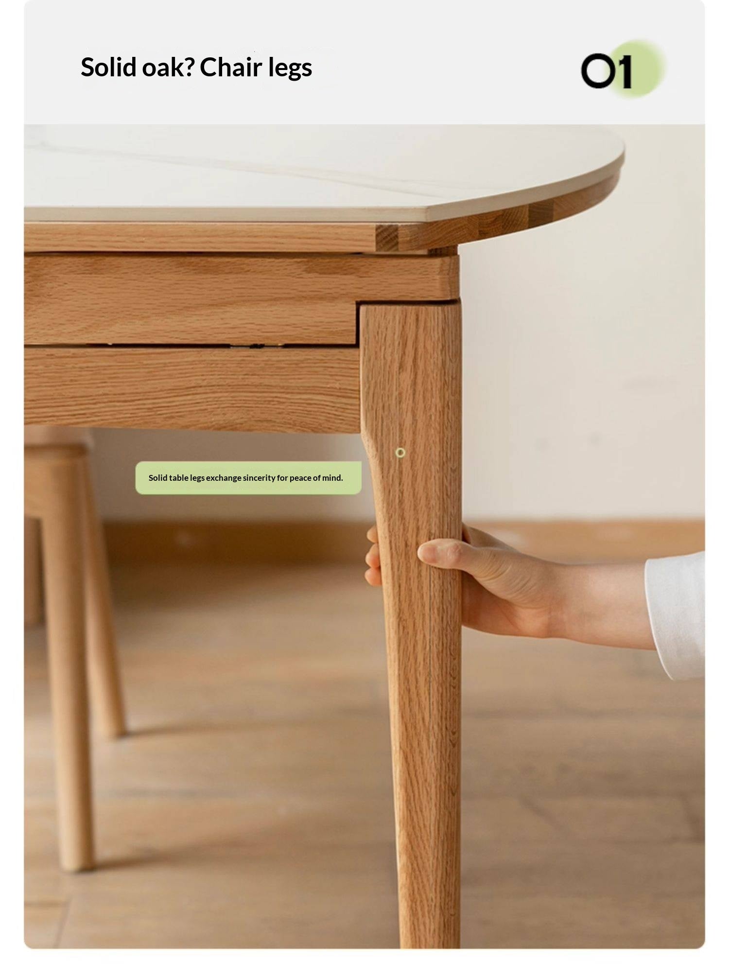 Oak, Solid Rubberwood Round Folding Dining Table With Rock Slab Surface