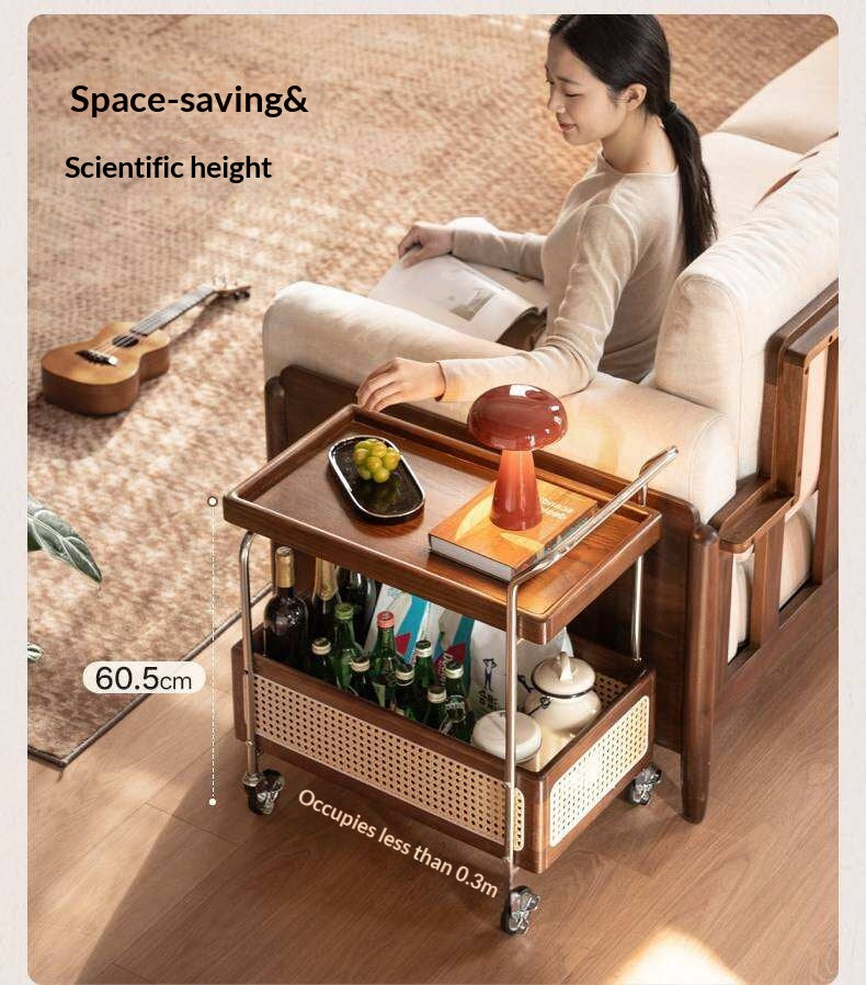 Oak Solid Wood Side Table with Double Layer Storage and Mobile Trolley