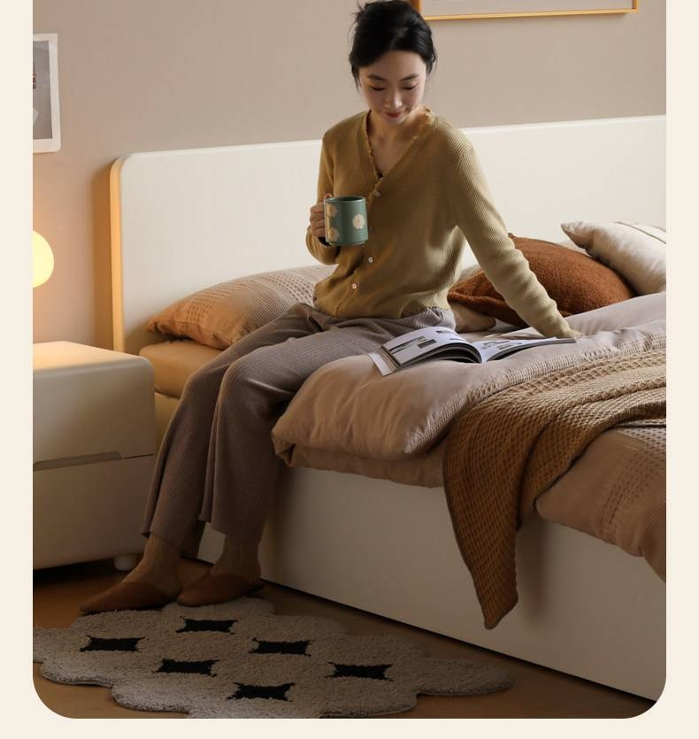 Rubberwood Solid Wood Bed — Modern Minimalist White Box Design