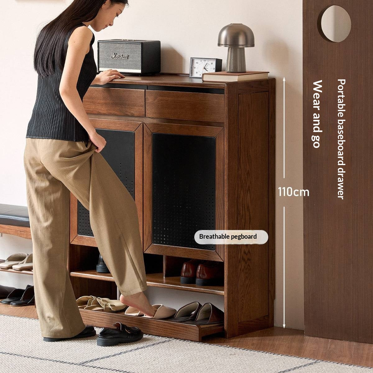 Oak Solid Wood Shoe Cabinet with Flip-Top Compartment and Perforated Metal Door