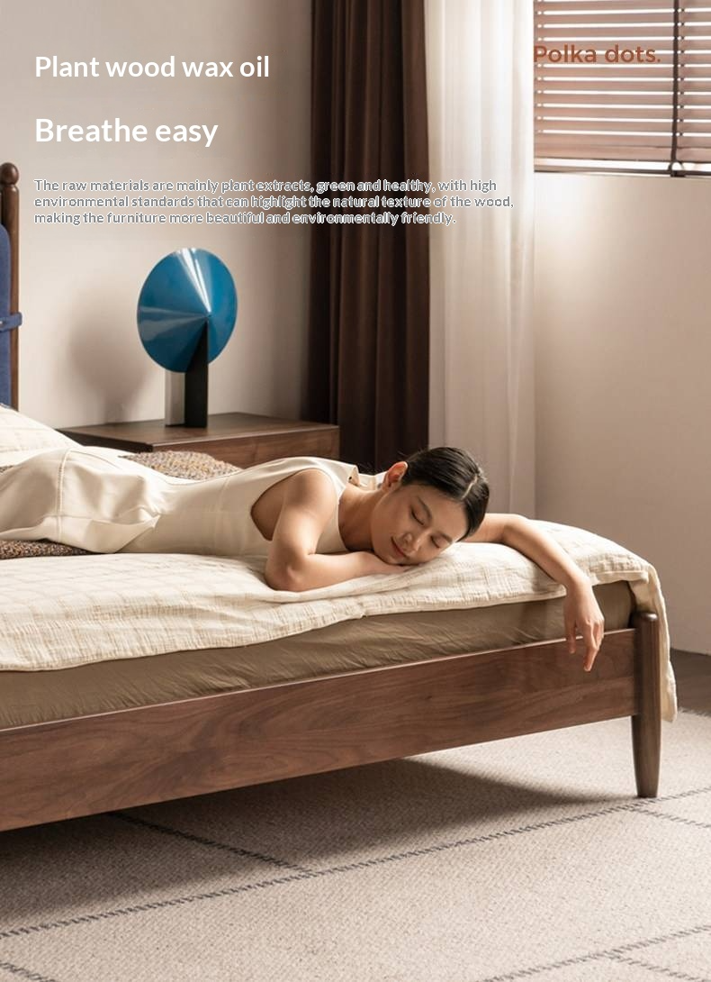 Black Walnut Solid Wood Bed — French Retro Style with Soft Backrest and Genuine Leather Upholstery