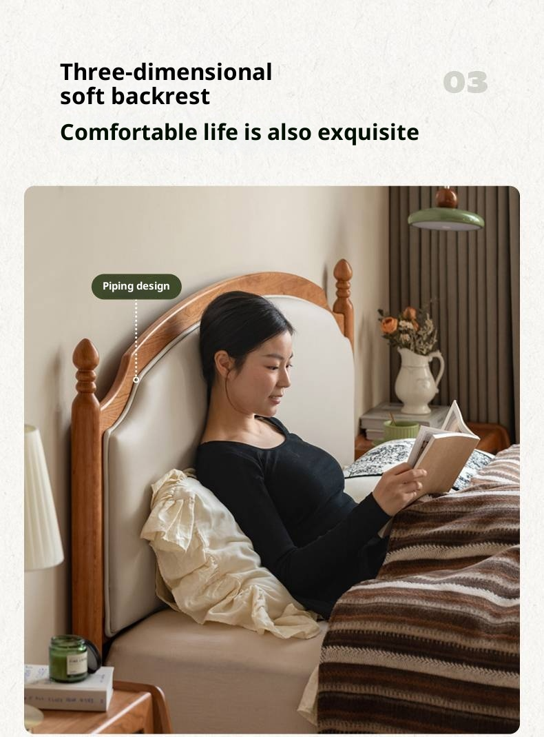 Cherry Solid Wood Soft Backrest Bed, French Retro Style