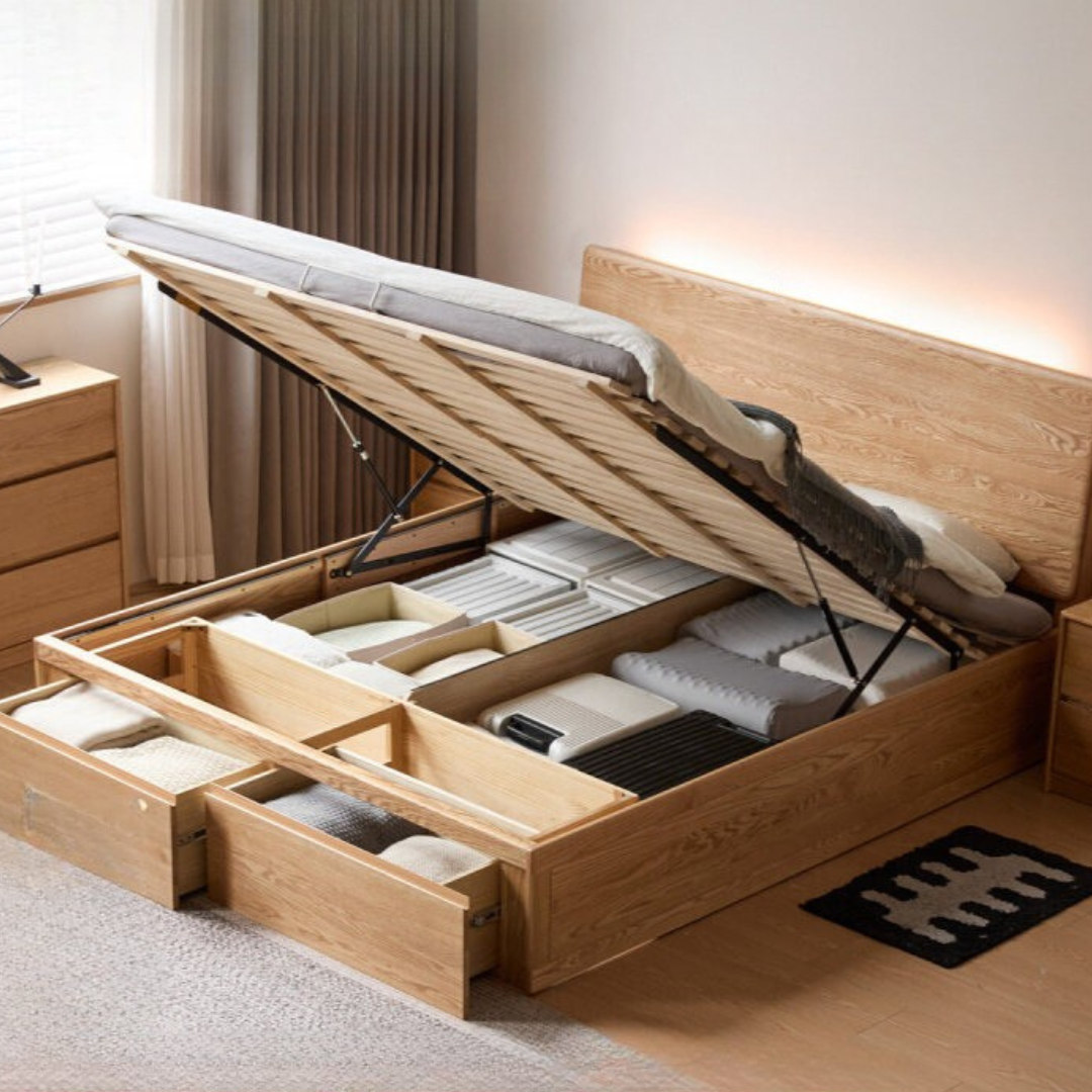 Oak Solid Wood Storage Bed with Hydraulic Lift-Up Frame and drawers