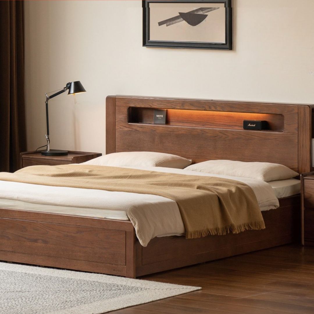 Oak Solid Wood Modern Minimalist Multifunctional with Light Box Bed