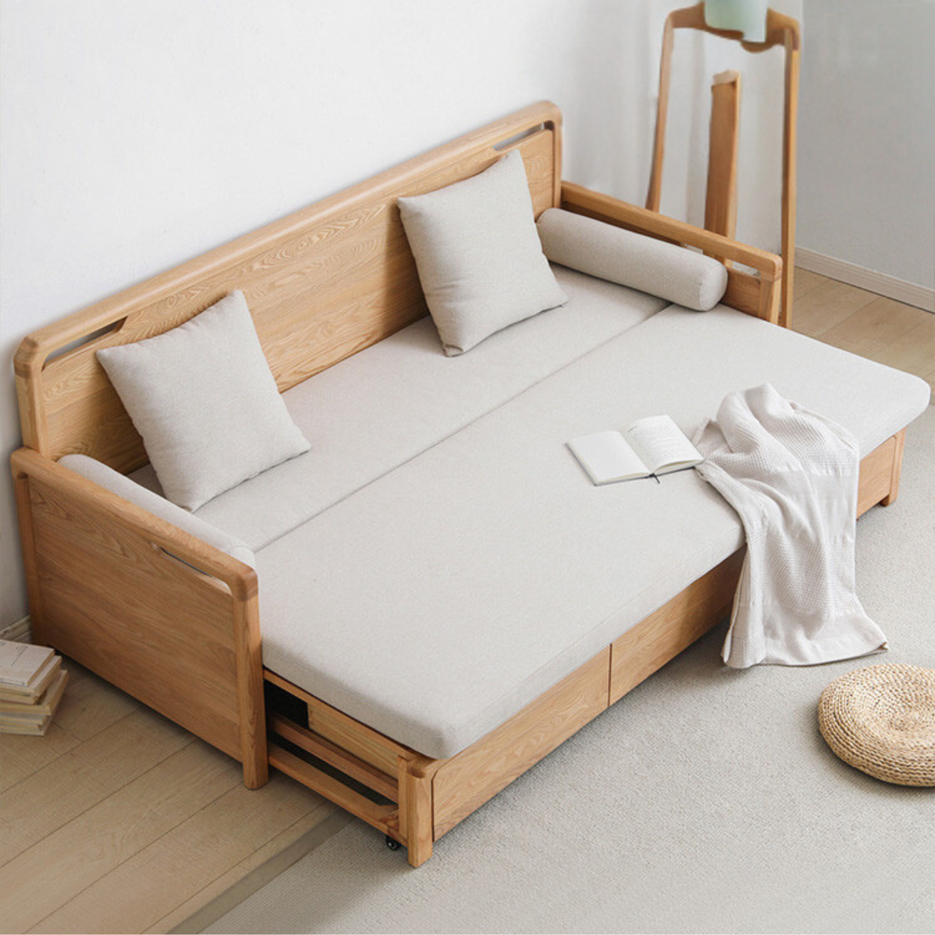 Ash Solid Wood Retractable Multifunctional Box Sofa Bed: