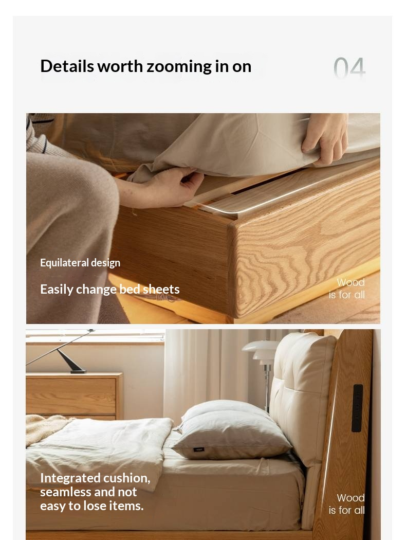 Oak Solid Wood Modern Leather Storage Bed, LED Lighting and USB Charging