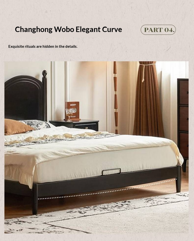 Rubberwood Solid Wood Bed — French Vintage Style, Large Slab Bed