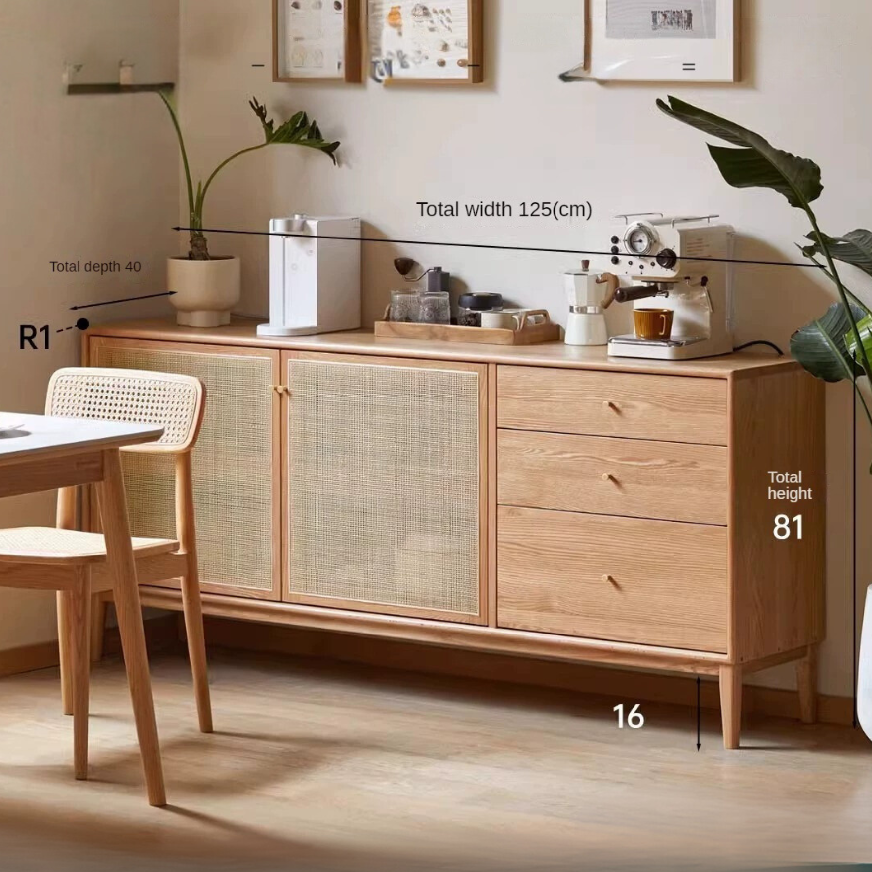 Oak Solid Wood Rattan Modern Sideboard