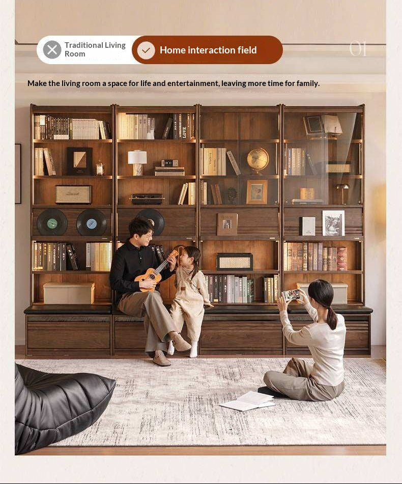 Black Walnut Solid Wood Integrated Wall Bookcase with Floor Display