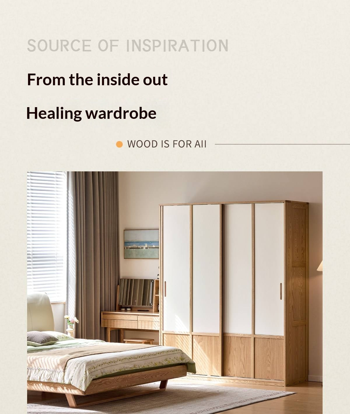 Oak Solid Wood Wardrobe with two-tone Sliding Doors