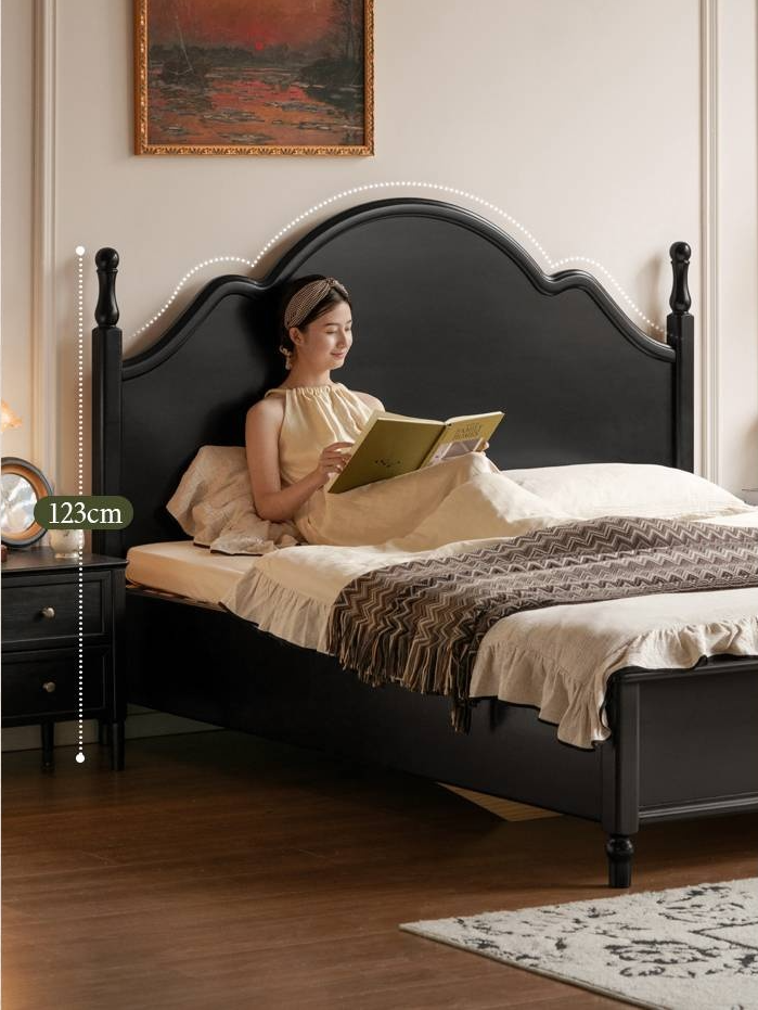 Rubberwood Solid Wood Bed American Retro Black Style