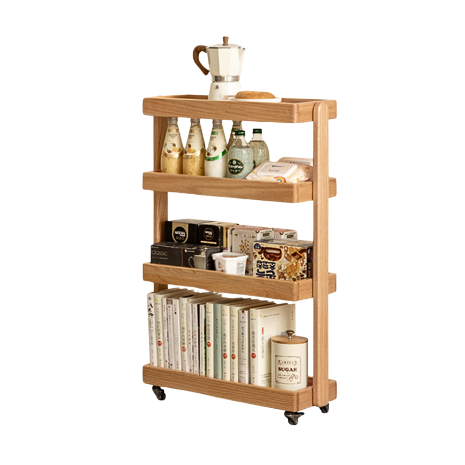 Oak Solid Wood Mobile Storage Rack Cart Ultra Narrow