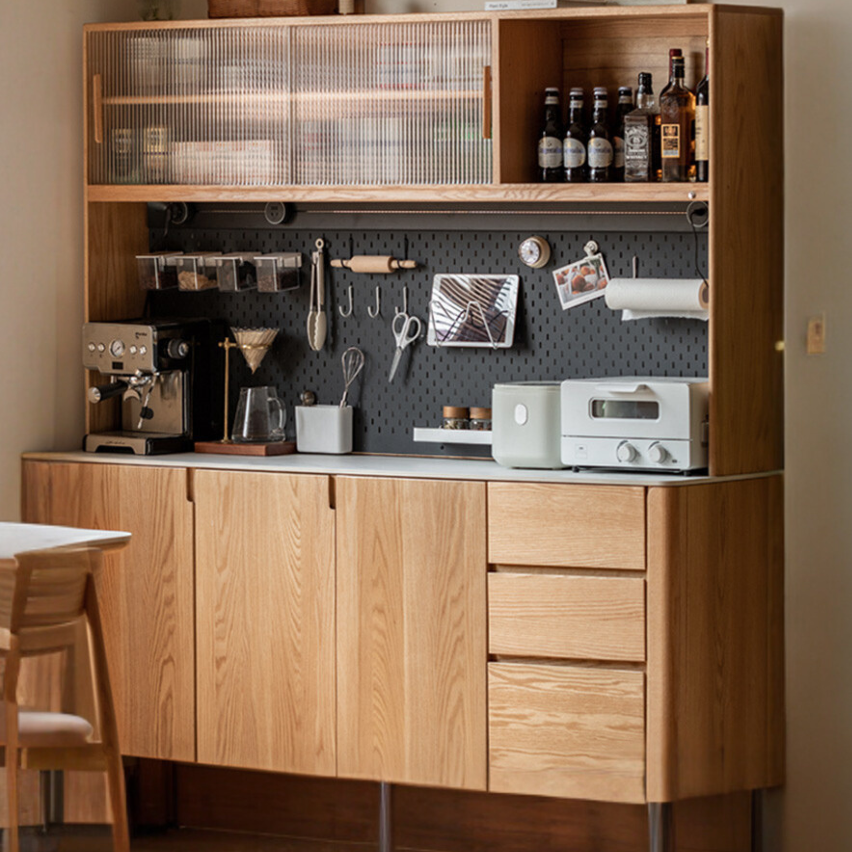 Oak Solid Wood Perforated Rock Board Dining Sideboard,