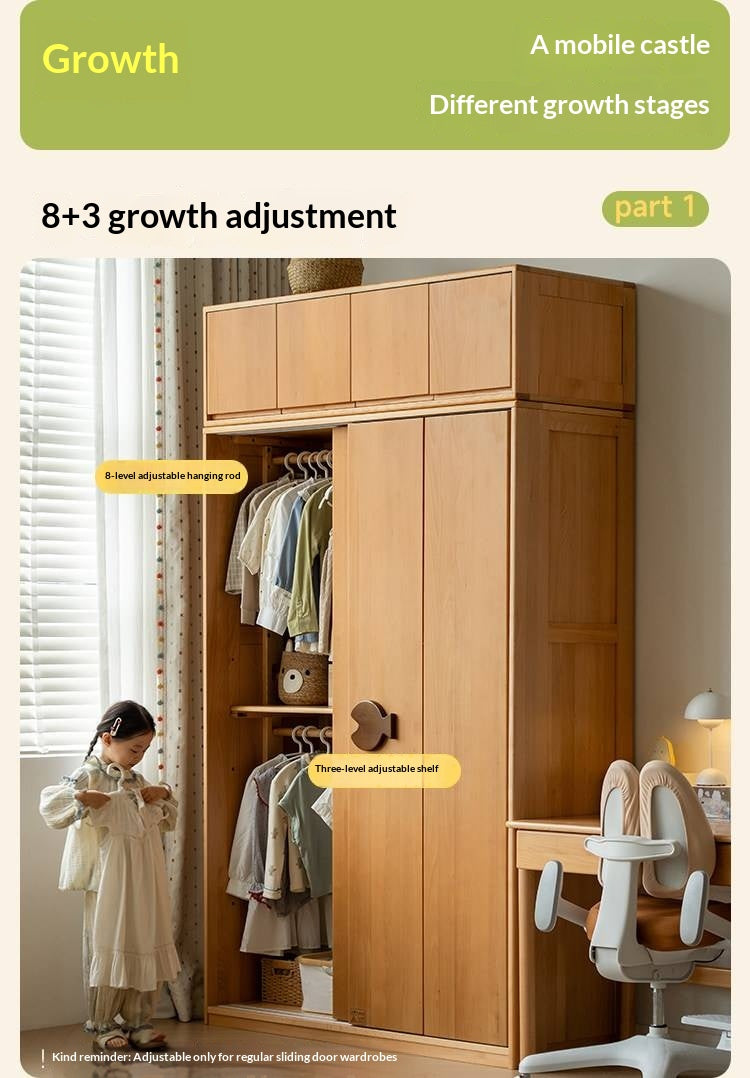 Beech Solid Wood Kids Sliding Door Wardrobe with Adjustable Shelves
