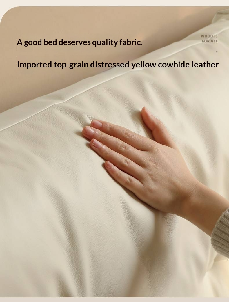 Oak Solid Wood Bed — Modern Minimalist, Genuine Leather Upholstered, Floating Design with Light