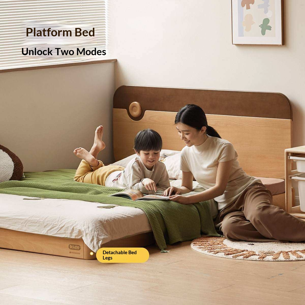 Beech Solid Wood Kids Montessori Platform Bed with Adjustable Headboard