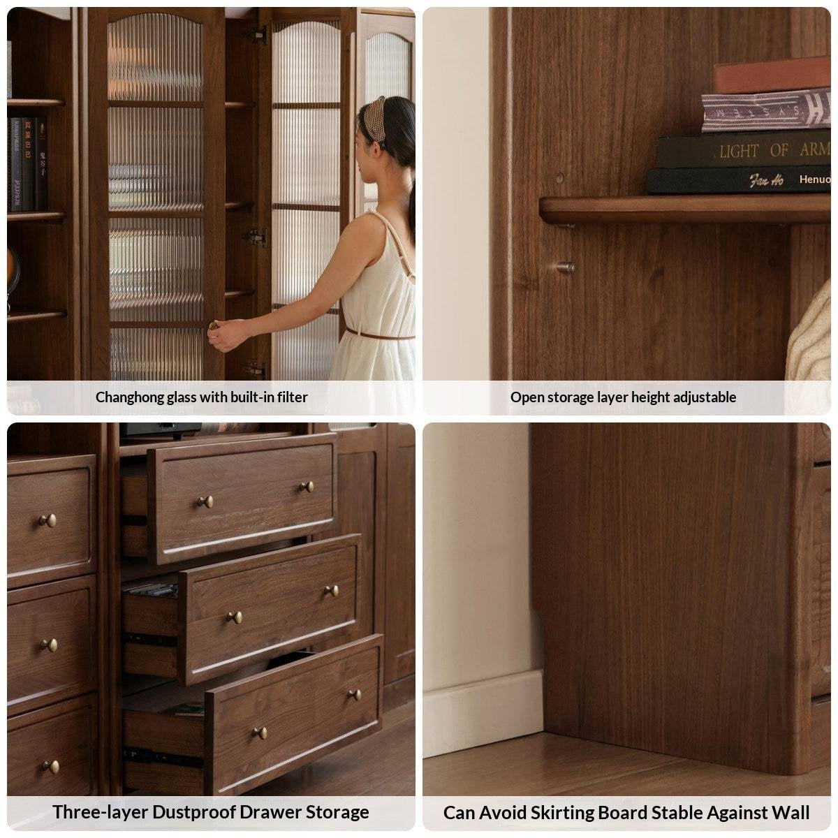 Black Walnut Solid Wood Bookshelf and Display Cabinet with Vintage French Profile