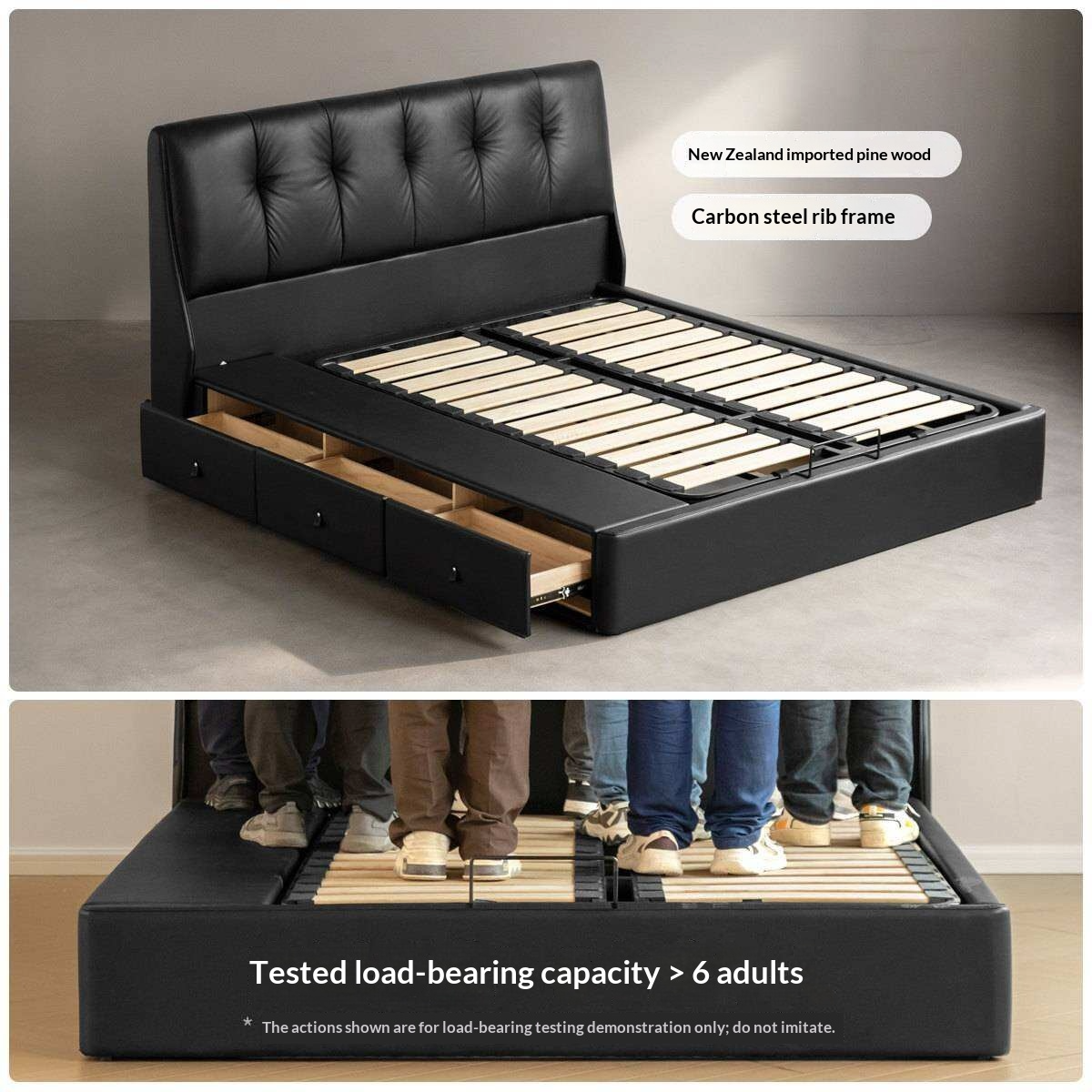 Genuine Leather Storage Bed with Tufted Headboard and Drawers