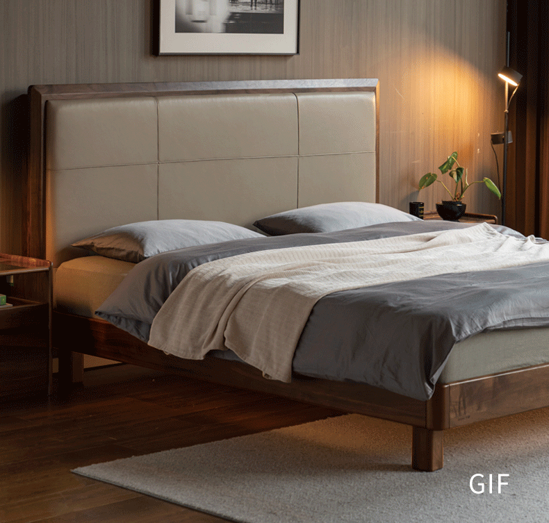 Black Walnut, Oak Solid Wood Italian Light Luxury Genuine Leather Soft Headboard Luminous Bed
