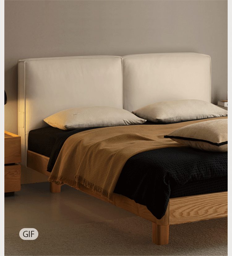 Ash Solid Wood Floating Bed — Modern Minimalist, Genuine Leather Upholstery