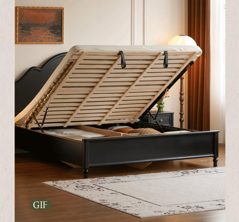 Rubberwood Solid Wood Bed American Retro Black Style