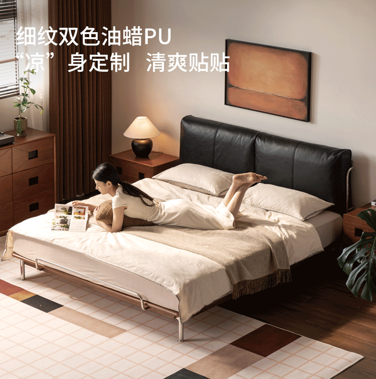 Genuine Leather Bauhaus Style Double Bed with Top Grain Cowhide Soft Backrest