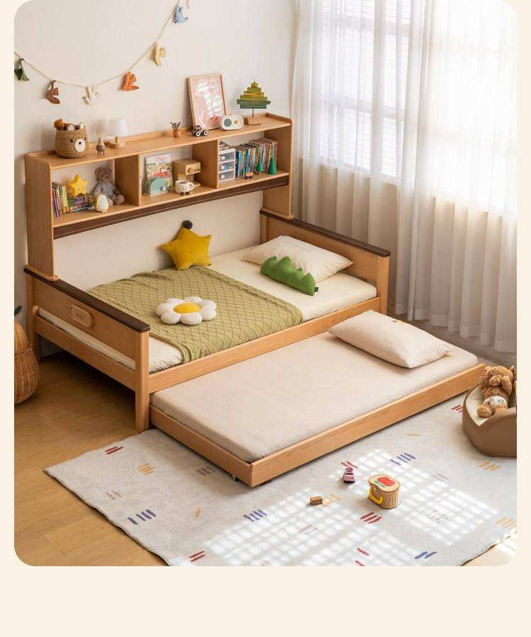 Beech Solid Wood Kids Bed with Bookcase Headboard and Pull-Out Trundle