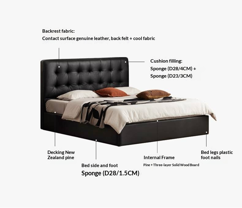 Genuine Leather Retro Box Bed — Black Upholstered, Simple Design