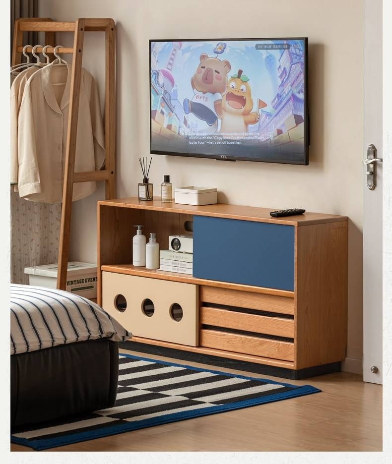 Cherry Solid Wood Vintage TV Stand with Wall-Mounted Tall Cabinet Design