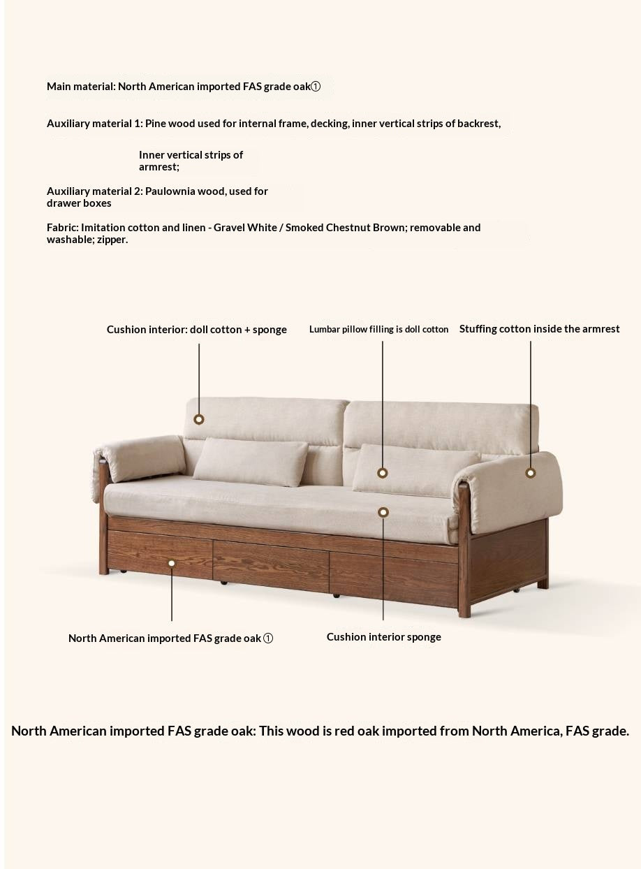 Oak Solid Wood Pull-Out Sleeper Sofa with Under-Seat Storage Drawers