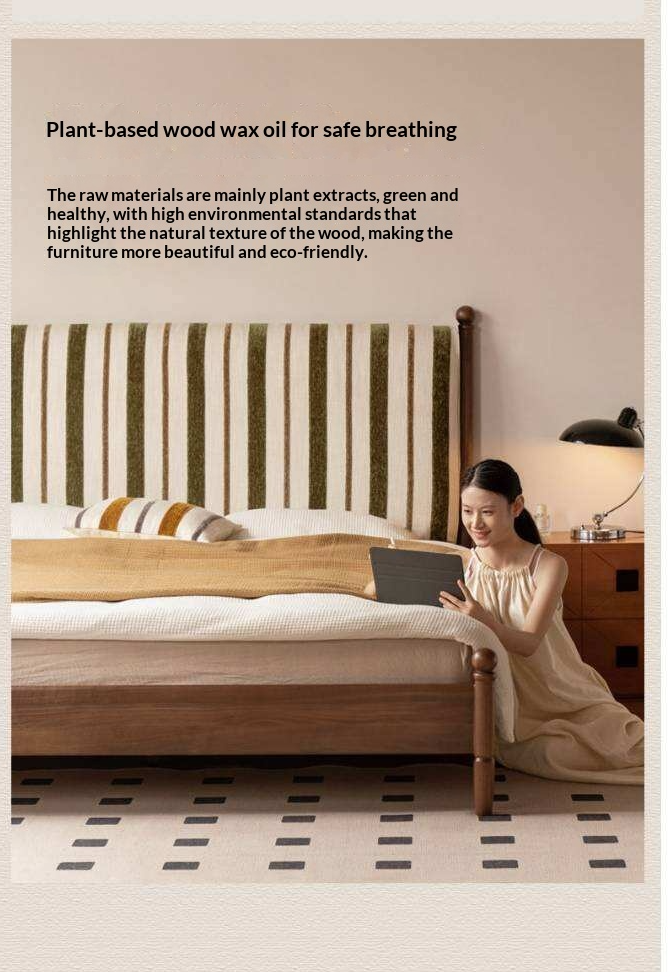 Black Walnut Solid Wood Striped Upholstered Panel Bed