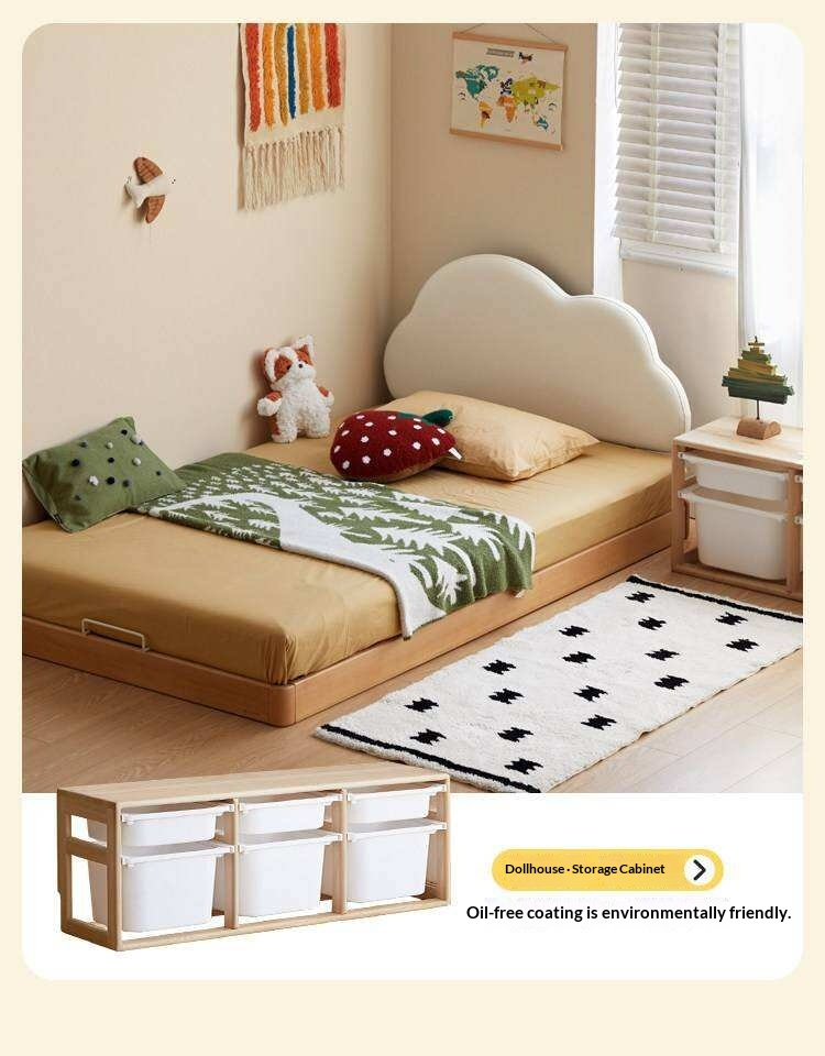 Beech Solid Wood Upholstered Kids Bed with Cloud-Shaped Headboard