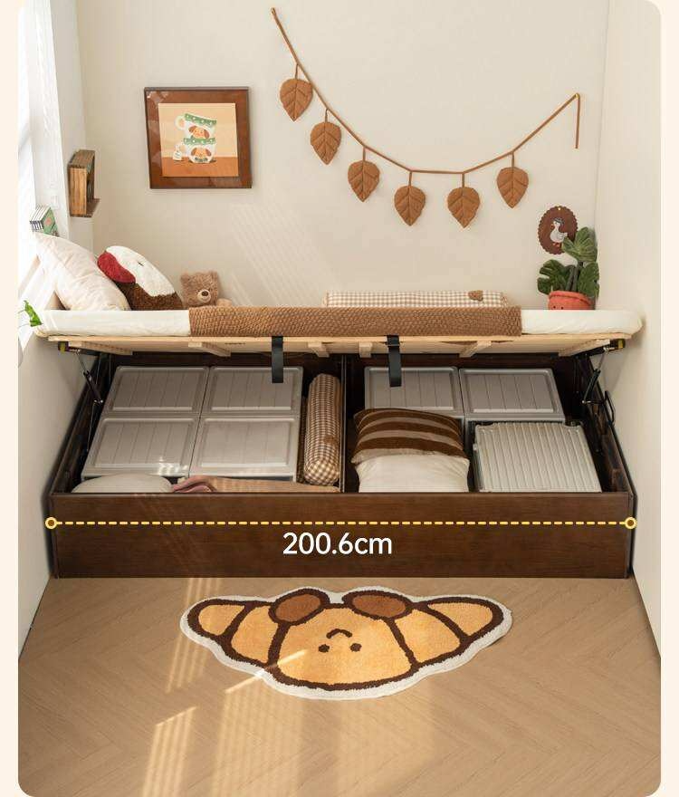 Rubberwood Solid Wood Storage Bed with No Headboard and Side-Opening Lid