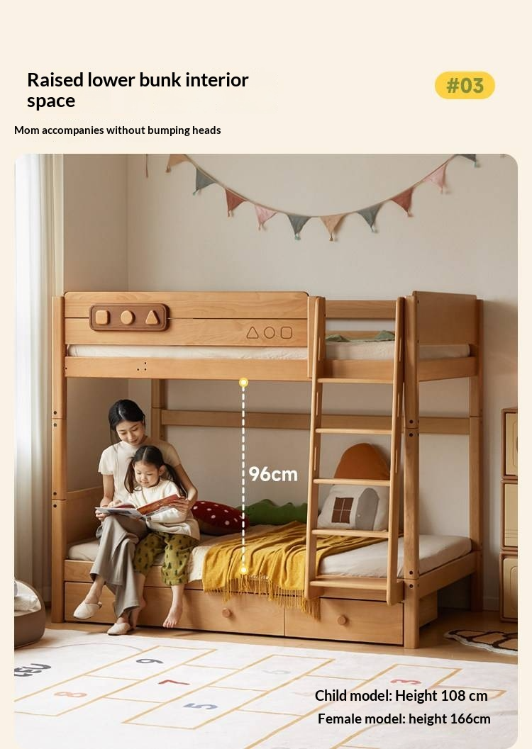 Beech Solid Wood Convertible Bunk Bed with Storage Drawers