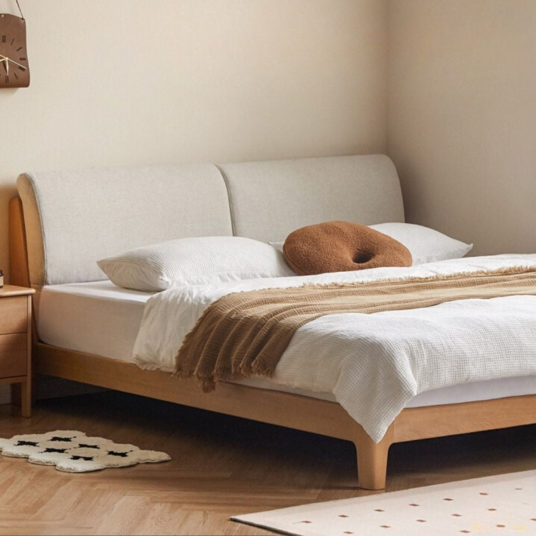 Beech Solid Wood Upholstered King Bed — Soft Headboard with Fabric Upholstery