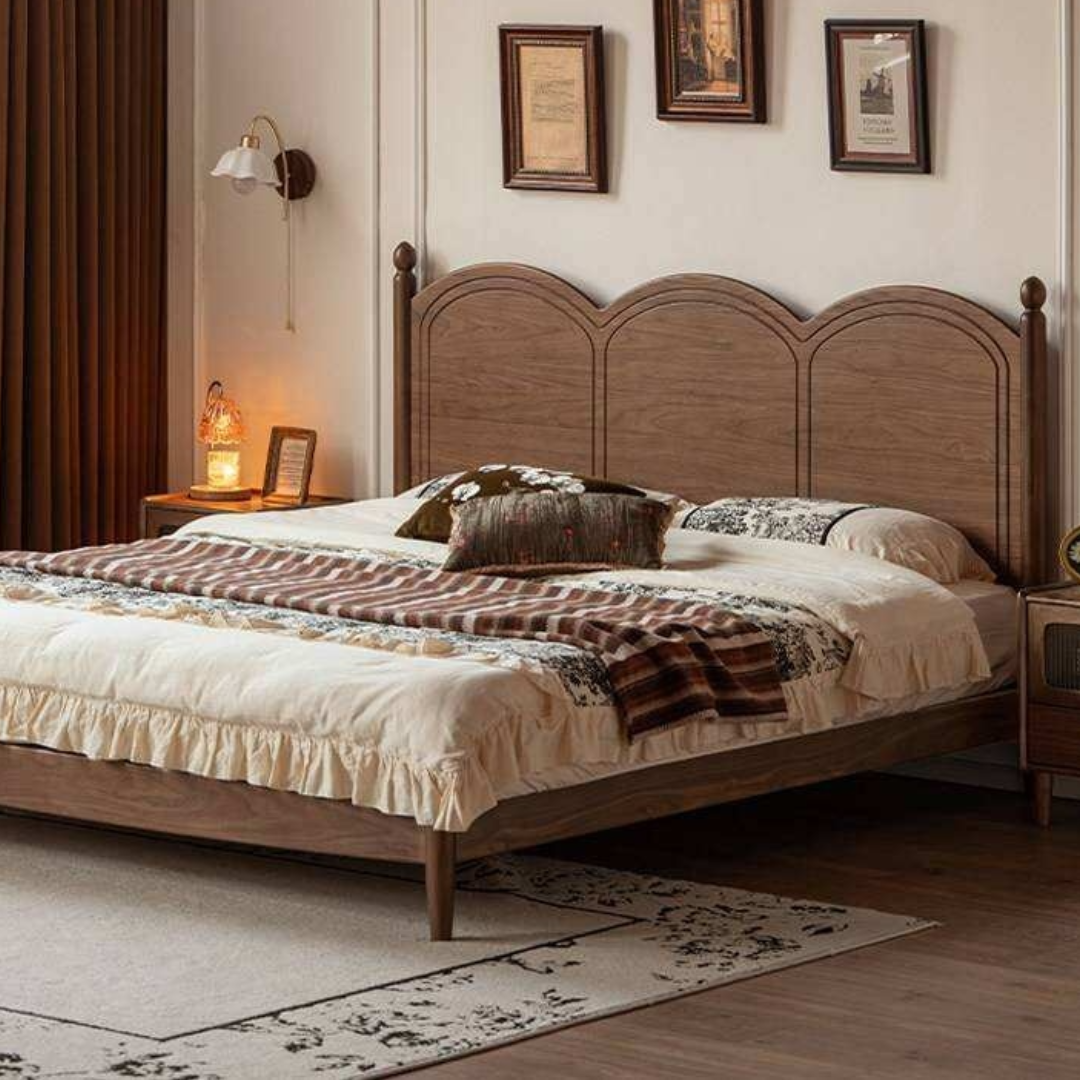 Black Walnut Solid Wood Bed with Arched French Country Headboard and Spindle Legs