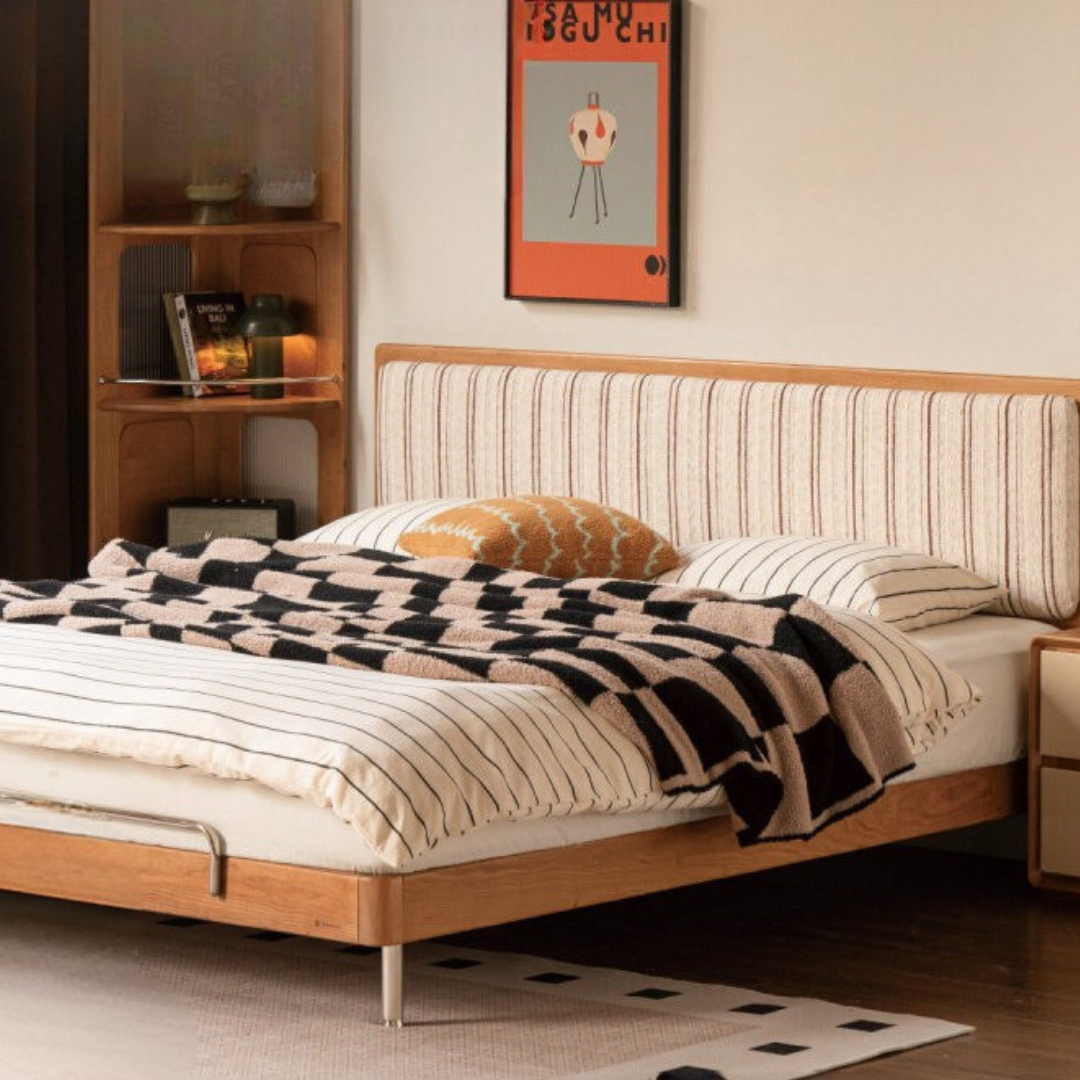 Cherry Solid Wood Bed with Modern Minimalist Design and Genuine Leather Headboard