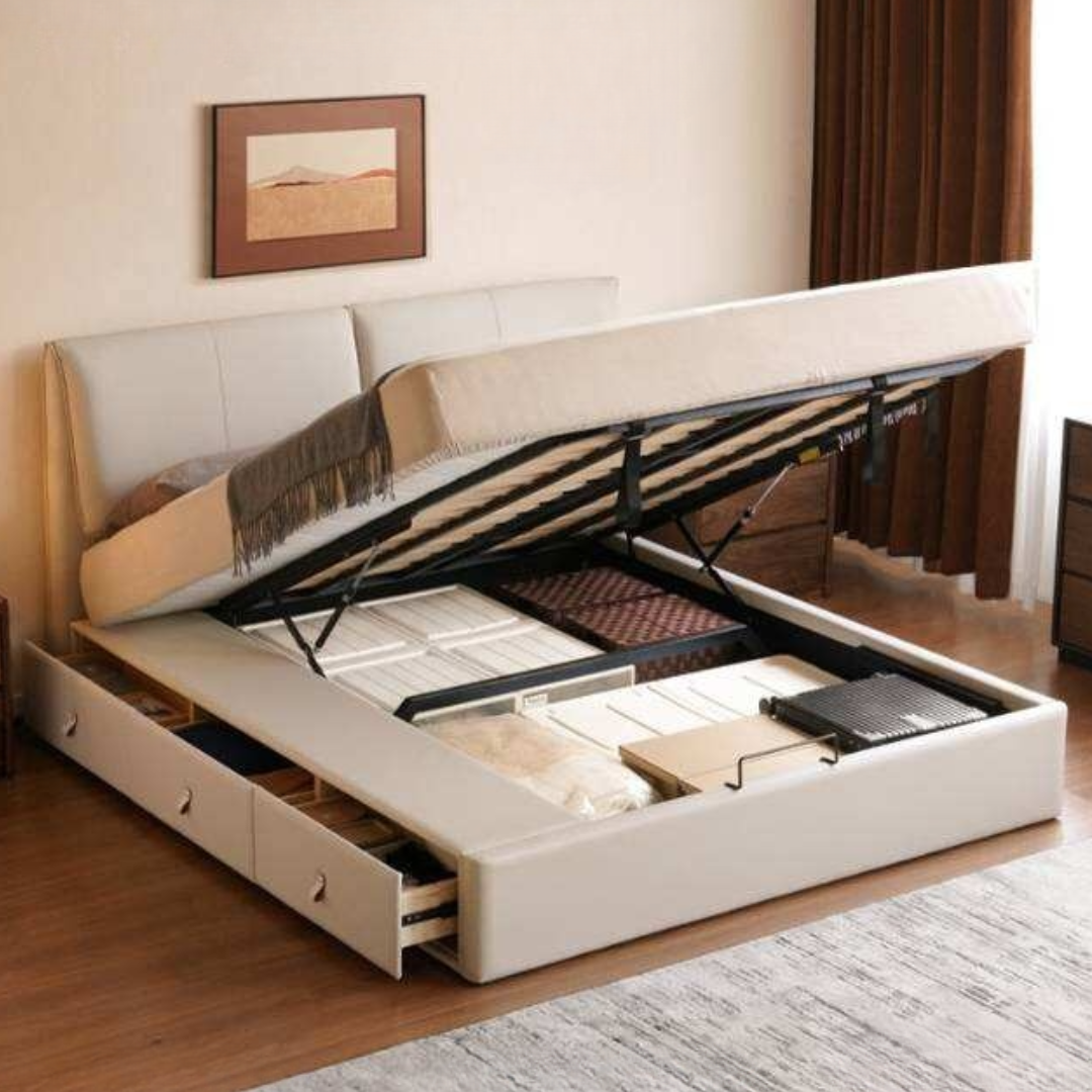 Genuine Leather Upholstered Lift-Up Storage Bed